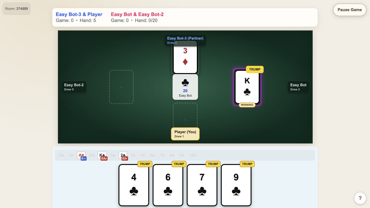 An actual four-player game of 45 on 30for60, with three bots and the player’s hand