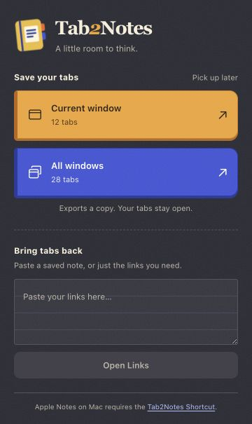 Tab2Notes dark theme with the same export controls and direct Shortcut download link