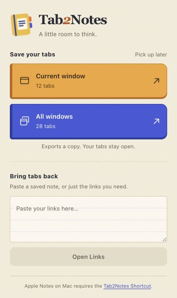 Tab2Notes light theme with amber current-window export, blue all-window export, and a lined link input