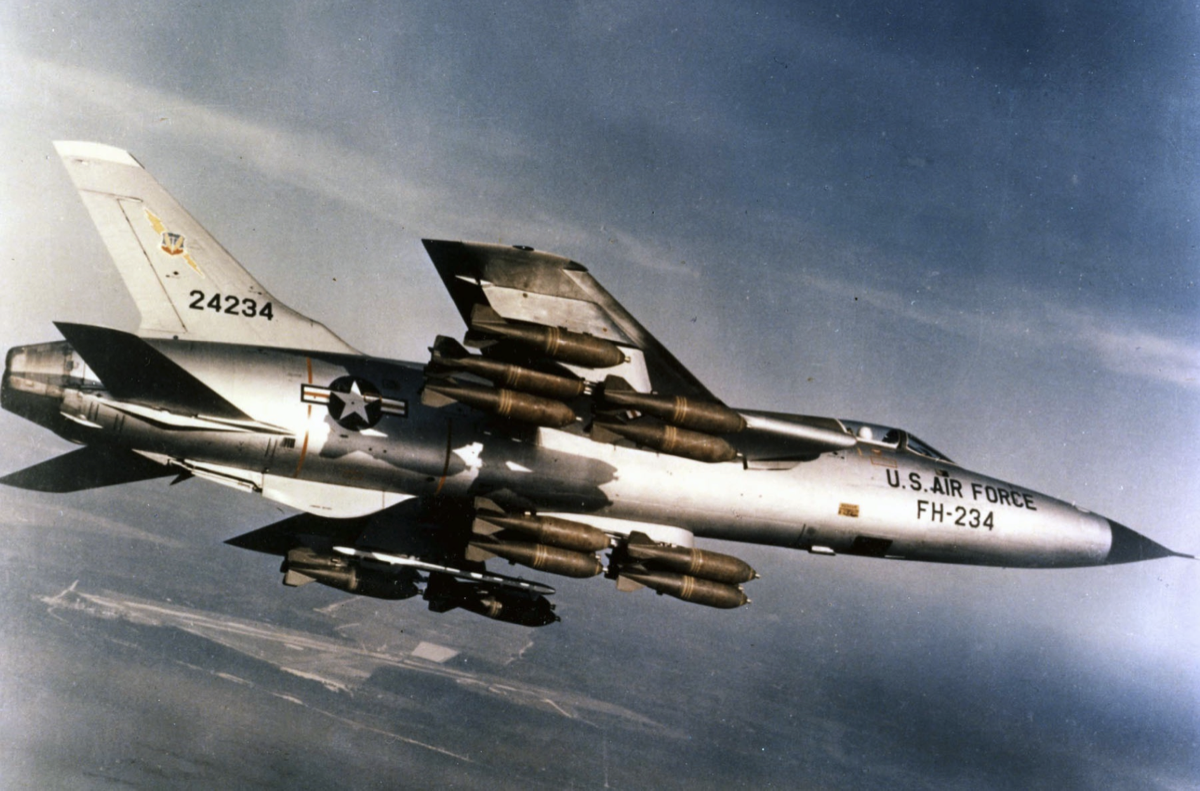 An F-105 diving in on a bombing run