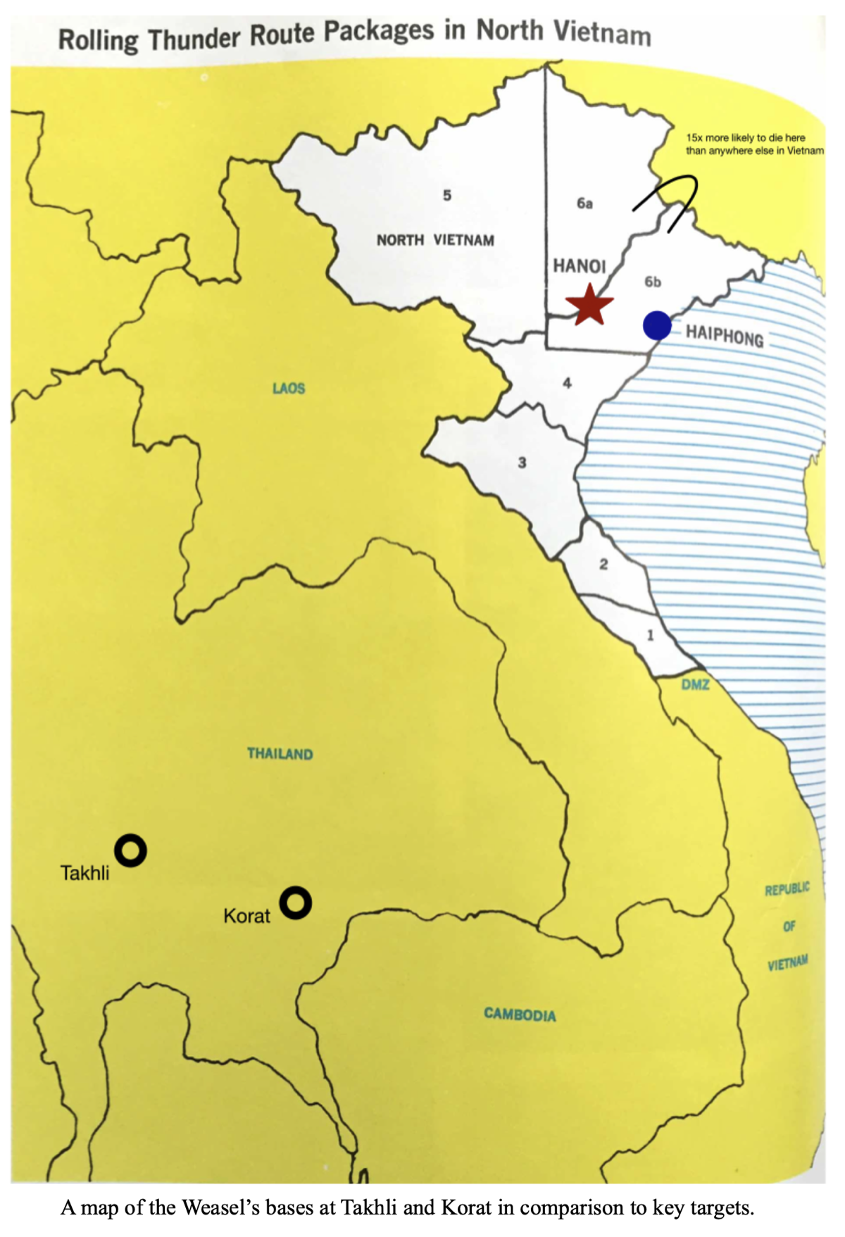 A map of the Weasel's bases at Takhil and Korat in comparison to key targets