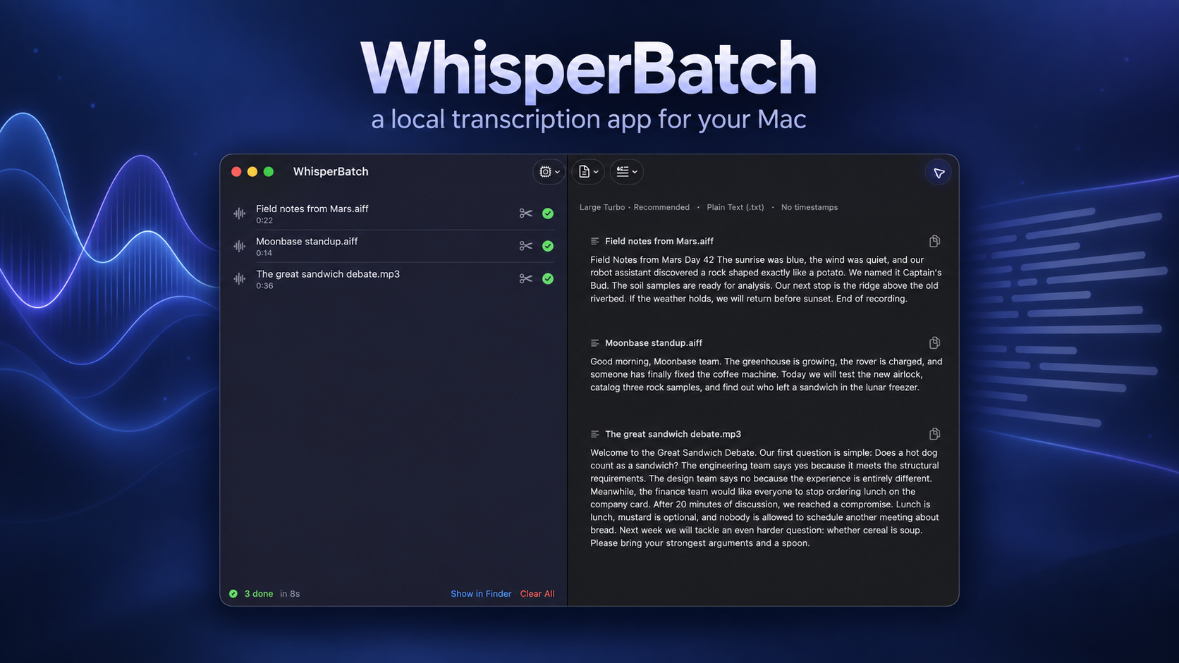 WhisperBatch showing a completed batch of three recordings